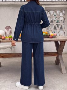 SHEIN Maternity Drawstring Waist Top And Long Pants Denim Two Pieces Set Autumn Outfits For Women Cowgirl Outfits For Women Fall - Blue - View 2