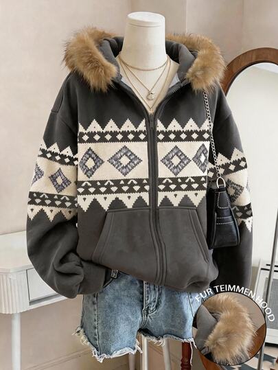 Lalippa Women's Fur Collar Sweatshirt, Autumn Outdoor Top, Dark Grey Graphic Contrast Print Pattern, Pattern Design, Casual Versatile Jacket, Comfortable Fur Collar Design, Outdoor Shopping, Commuting Comfortable Style