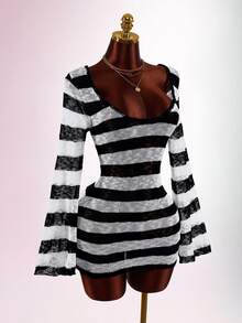 Sweetina Halter Neck Backless Criss-Cross Tie Sleeveless Distressed Sexy Tight Bodycon Ruched Knit Jumpsuit - Black and White - View 4