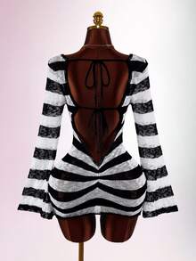 Sweetina Halter Neck Backless Criss-Cross Tie Sleeveless Distressed Sexy Tight Bodycon Ruched Knit Jumpsuit - Black and White - View 7