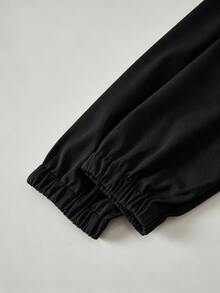 SHEIN Tween女孩粉色收腰連帽字母裝飾運動休閒可調腰口袋夾克，秋季服飾，秋季，返校，學校，校服 - 黑色 - 查看 4
