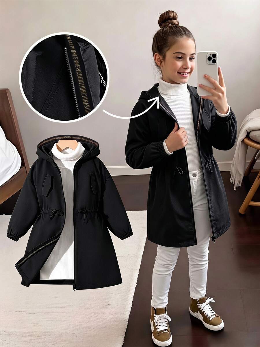 SHEIN Tween女孩粉色收腰連帽字母裝飾運動休閒可調腰口袋夾克,秋季服飾,秋季,返校,學校,校服 - 黑色 - 查看 1