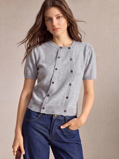 BizChic Women's Casual French Elegant Double-Breasted Short Sleeve Cardigan Office Light Gray, Autumn Halloween Back To School Church Special Occasion Birthday Wedding Guest Party Date Vacation Fall Winter Minimalist