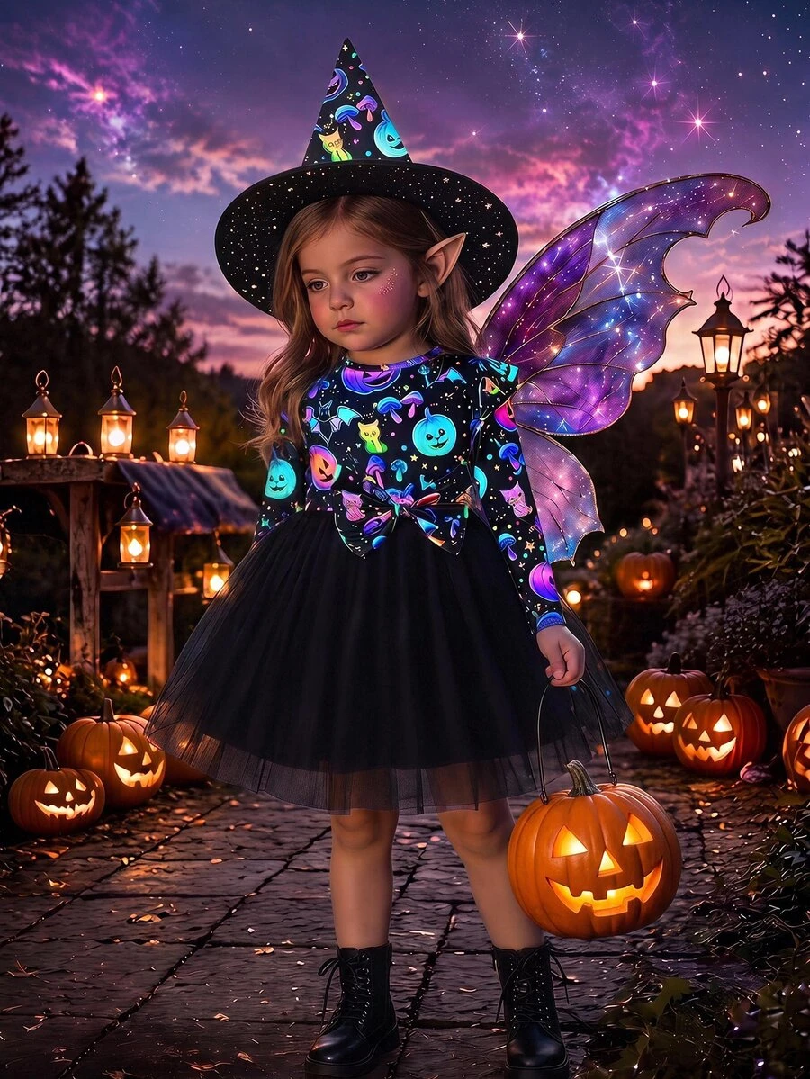 Baby Girl Halloween Print Mesh Patchwork Dress - Multicolor - View 1