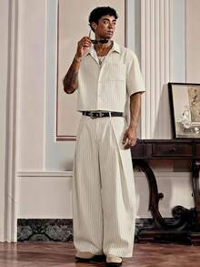 SWAVVY Men's Striped Short Sleeve Pocket Shirt And Long Pants Casual Set - White - View 1