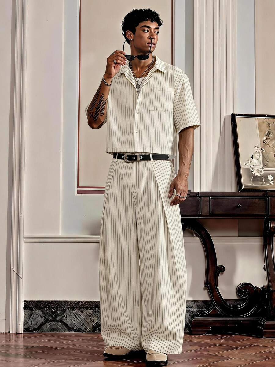 SWAVVY Men's Striped Short Sleeve Pocket Shirt And Long Pants Casual Set - White - View 1