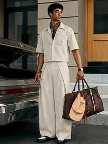 SWAVVY Men's Striped Short Sleeve Pocket Shirt And Long Pants Casual Set - White - View 4