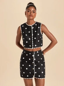 Travachic Elegant Lace Trim Tank Top And Polka Dot Skirt 2 Pieces Set - Black - View 5