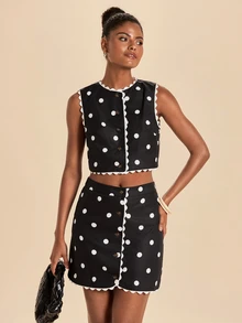 Travachic Elegant Lace Trim Tank Top And Polka Dot Skirt 2 Pieces Set - Black - View 3