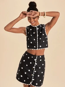 Travachic Elegant Lace Trim Tank Top And Polka Dot Skirt 2 Pieces Set - Black - View 6