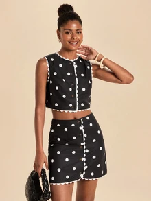 Travachic Elegant Lace Trim Tank Top And Polka Dot Skirt 2 Pieces Set - Black - View 4