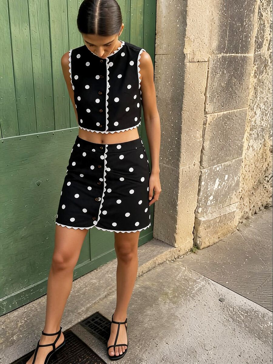 Travachic Elegant Lace Trim Tank Top And Polka Dot Skirt 2 Pieces Set - Black - View 1