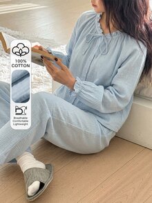 DAZY Soft Blue Cotton Pleated Ruffle Design Loose Women Pajama Set - Baby Blue - View 4