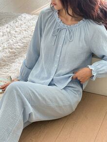 DAZY Soft Blue Cotton Pleated Ruffle Design Loose Women Pajama Set - Baby Blue - View 8