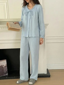 DAZY Soft Blue Cotton Pleated Ruffle Design Loose Women Pajama Set - Baby Blue - View 6