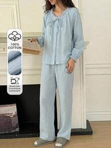 DAZY Soft Blue Cotton Pleated Ruffle Design Loose Women Pajama Set - Baby Blue - View 1
