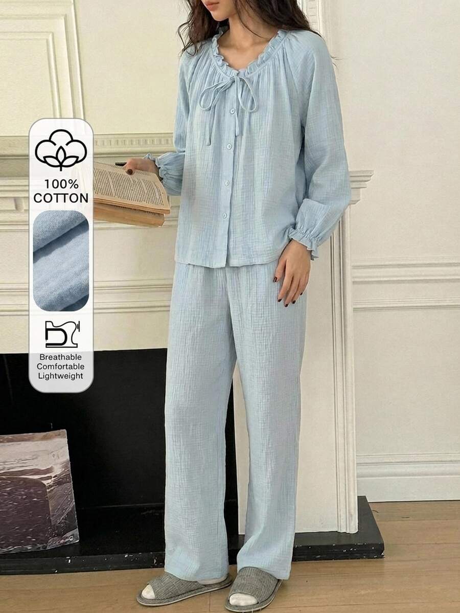 DAZY Soft Blue Cotton Pleated Ruffle Design Loose Women Pajama Set - Baby Blue - View 1