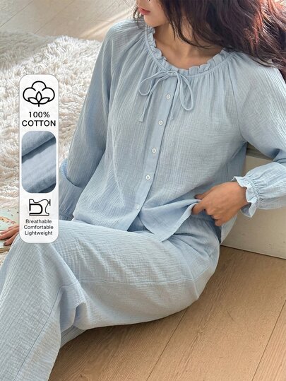 DAZY Set Piyama Wanita Longgar dengan Desain Lipit dan Rumbai dari Katun Biru Lembut