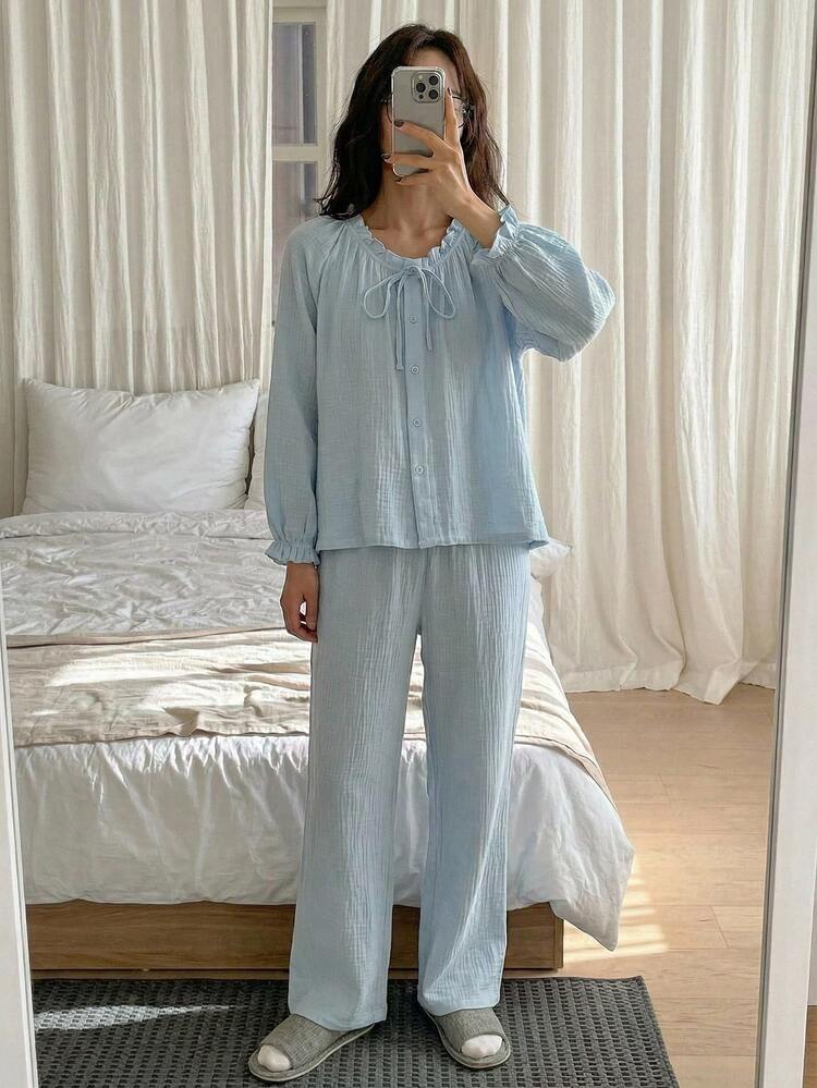 DAZY Conjunto de pijama suelto para mujer con diseño de volantes y pliegues de algodón azul suave - Celeste - Añade 5
