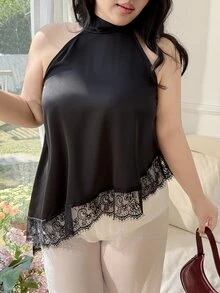 CovetEZ 大码女式缎面蕾丝不对称露背吊带衫，适合度假、春夏穿着 - 黑色 - 查看 6