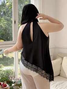 CovetEZ 大码女式缎面蕾丝不对称露背吊带衫，适合度假、春夏穿着 - 黑色 - 查看 2
