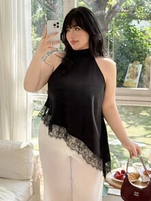 CovetEZ 大码女式缎面蕾丝不对称露背吊带衫，适合度假、春夏穿着 - 黑色 - 查看 7