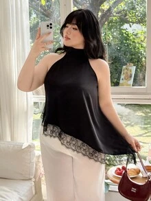 CovetEZ 大码女式缎面蕾丝不对称露背吊带衫，适合度假、春夏穿着 - 黑色 - 查看 4