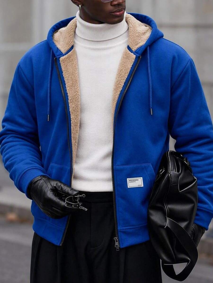 Manfinity RebelGame Men's Loose Drop Shoulder Letter Patched Casual Zip-Up Hooded Fleece Jacket, Suitable For Autumn - Royal Blue - View 1