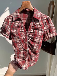 Comfortcana 大尺碼女款格紋短袖單排扣休閒優雅復古襯衫 畢業生日深綠色夏季 - 紅色 - 查看 6