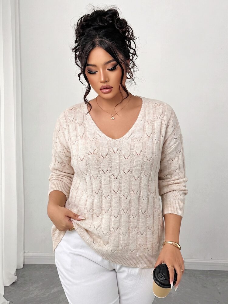 Elenzga Plus Size Women's Autumn/Winter V-Neck Hollow Out Round Neck Loose Drop Shoulder Casual Knit Pullover Sweater - Apricot - View 6
