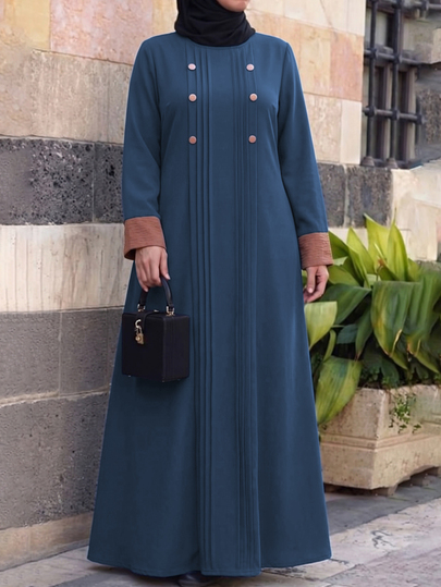 Al Najma Casual minimalistische Arabische jurk voor dames in plus size, met ronde hals, knopen en contrasterende kleuren, losse regular fit, voor lente en herfst