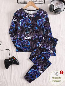 5 Sets Randomly Sent 1 Set]Boys Long Sleeve Long Pants Slim Fit New Arrival Popular Elements Game Console English Letters Headphones Game Console And Other Cool Element Pattern Print Suitable For Boys To Wear Pajamas Homewear Set - Multicolor - View 1