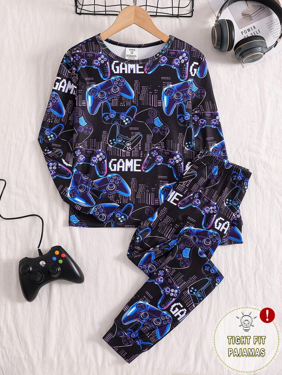 5 Sets Randomly Sent 1 Set]Boys Long Sleeve Long Pants Slim Fit New Arrival Popular Elements Game Console English Letters Headphones Game Console And Other Cool Element Pattern Print Suitable For Boys To Wear Pajamas Homewear Set - Multicolor - View 1