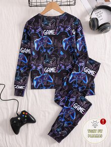 5 Sets Randomly Sent 1 Set]Boys Long Sleeve Long Pants Slim Fit New Arrival Popular Elements Game Console English Letters Headphones Game Console And Other Cool Element Pattern Print Suitable For Boys To Wear Pajamas Homewear Set - Multicolor - View 2