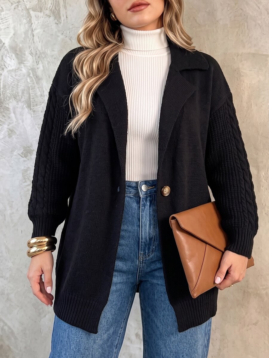 Nubod Autumn/Winter Plus Size Solid Color Loose Fit Lapel Button Cardigan Cable Knit Long Sleeve Casual Jacket