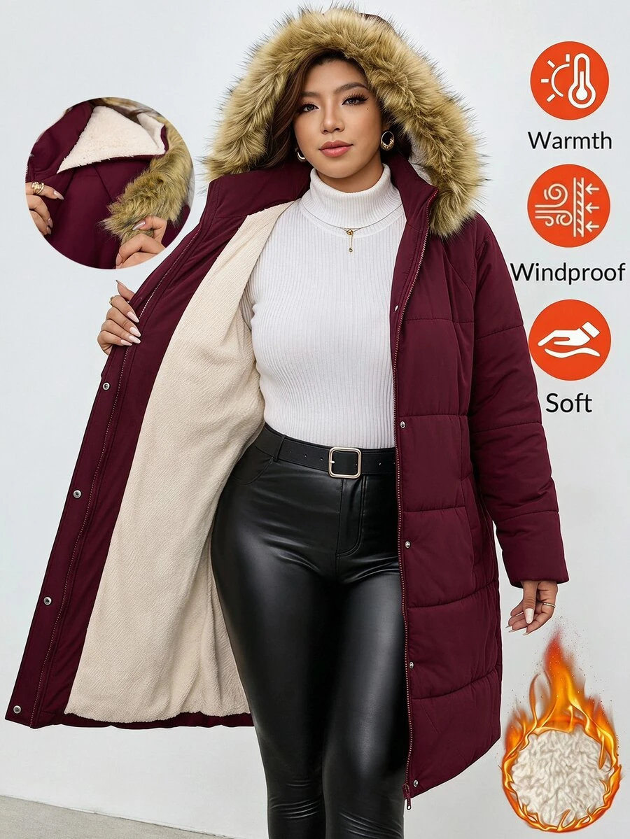 Reflora Plus Size Women's Plush Hooded Casual Versatile Winter Cotton Padded Coat - Burgundy - View 1
