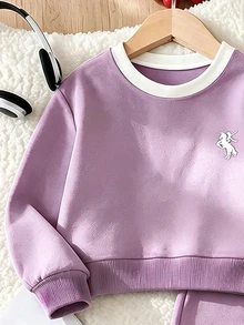 Girls' Contrast Color Round Neck Pony Print Sweatshirt & Wide Leg Pants 2 Pieces Set, Casual Taro Purple Outfit - Multicolor - View 4