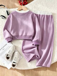 Girls' Contrast Color Round Neck Pony Print Sweatshirt & Wide Leg Pants 2 Pieces Set, Casual Taro Purple Outfit - Multicolor - View 3