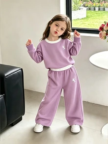 Girls' Contrast Color Round Neck Pony Print Sweatshirt & Wide Leg Pants 2 Pieces Set, Casual Taro Purple Outfit - Multicolor - View 1