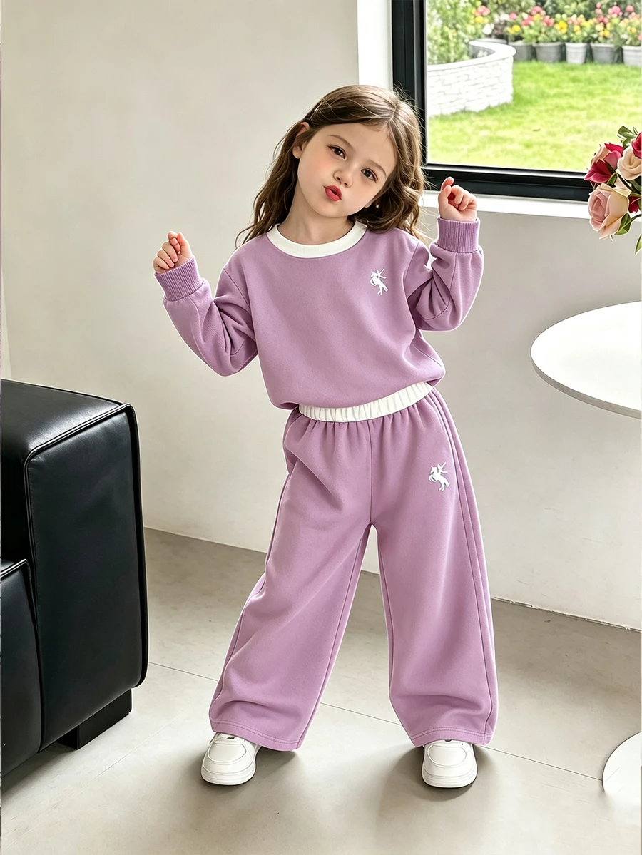 Girls' Contrast Color Round Neck Pony Print Sweatshirt & Wide Leg Pants 2 Pieces Set, Casual Taro Purple Outfit - Multicolor - View 1