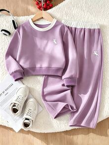 Girls' Contrast Color Round Neck Pony Print Sweatshirt & Wide Leg Pants 2 Pieces Set, Casual Taro Purple Outfit - Multicolor - View 2