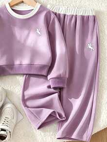 Girls' Contrast Color Round Neck Pony Print Sweatshirt & Wide Leg Pants 2 Pieces Set, Casual Taro Purple Outfit - Multicolor - View 5