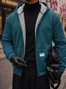 Manfinity RebelGame Men's Loose Drop Shoulder Casual Zip-Up Hooded Fleece Jacket, Suitable For Autumn, Letter - Dark Green - View 1