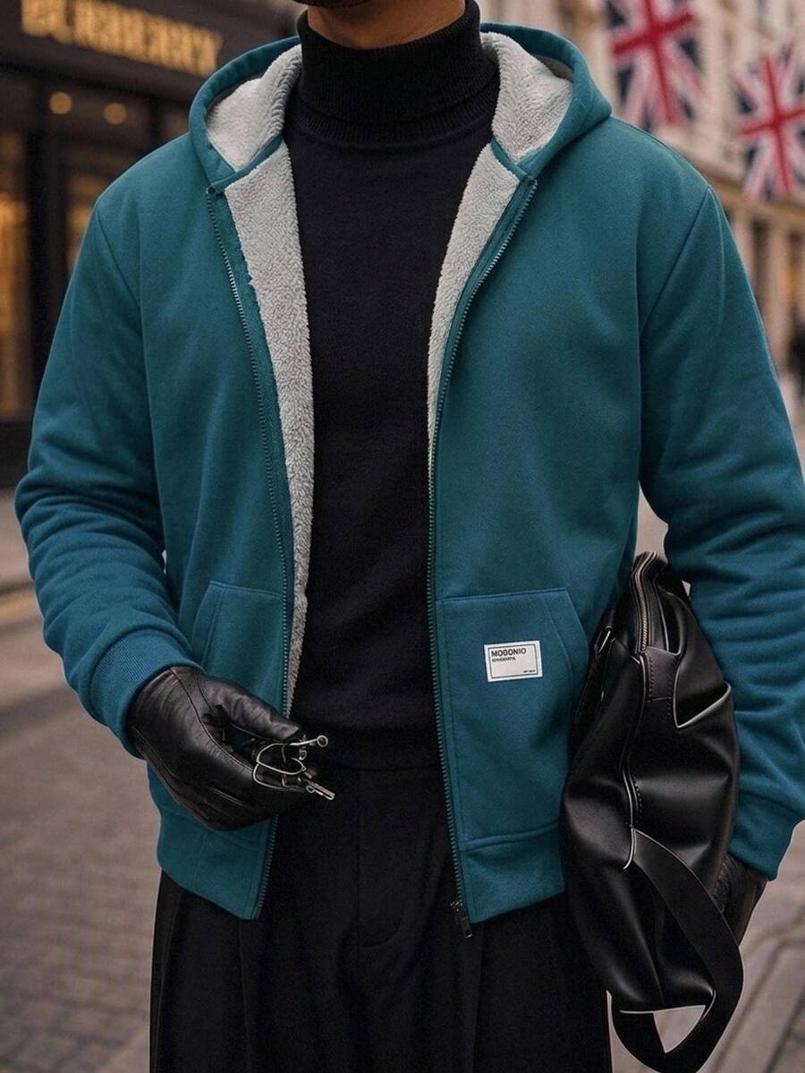 Manfinity RebelGame Men's Loose Drop Shoulder Casual Zip-Up Hooded Fleece Jacket, Suitable For Autumn, Letter - Dark Green - View 1