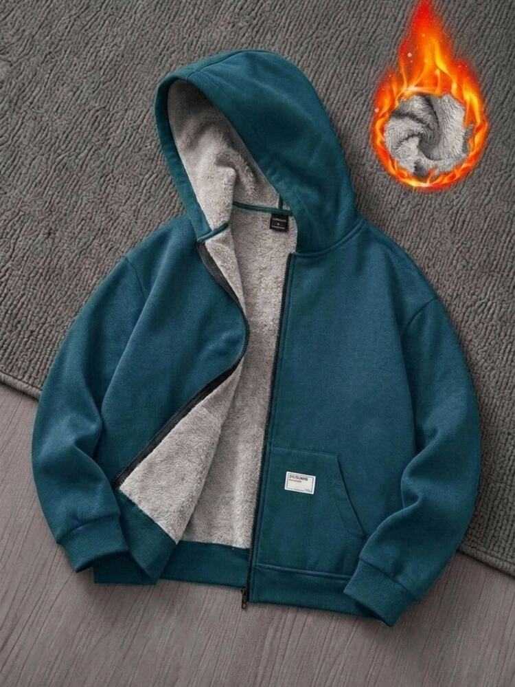 Manfinity RebelGame Jaket Fleece Pria Longgar dengan Bahu Jatuh, Kasual, Resleting, dan Tudung, Cocok untuk Musim Gugur, Huruf - Dark Green - View 1