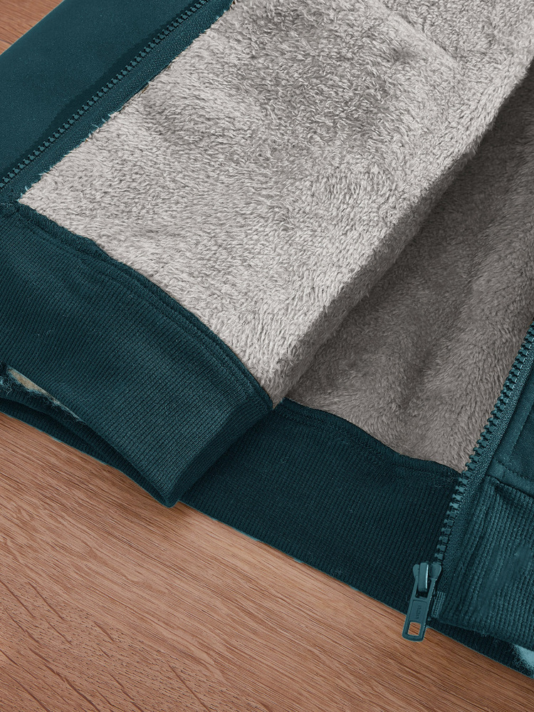 Manfinity RebelGame Jaket Fleece Pria Longgar dengan Bahu Jatuh, Kasual, Resleting, dan Tudung, Cocok untuk Musim Gugur, Huruf - Dark Green - View 8