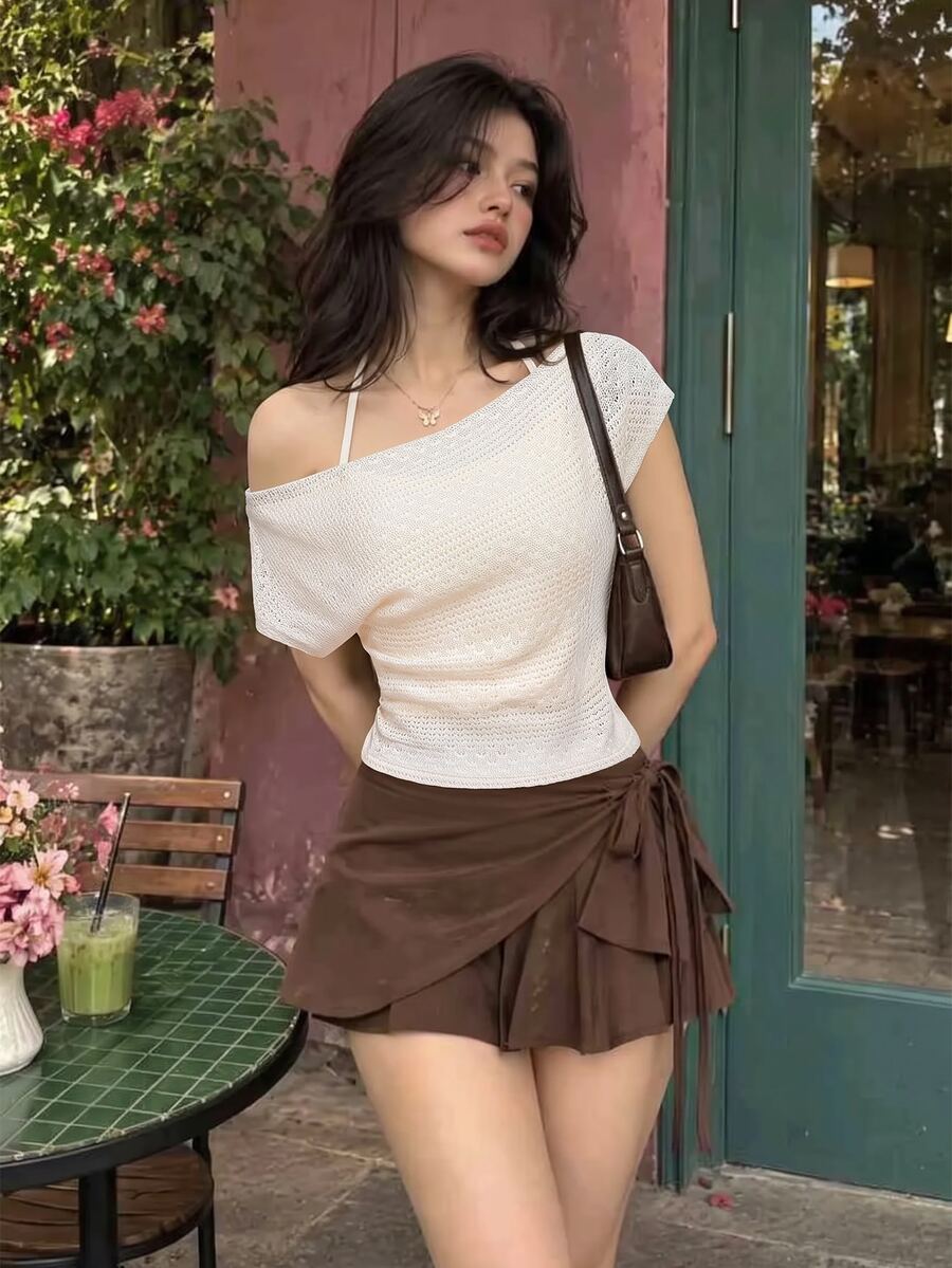 SHEIN MOD 女款純色不對稱肩褶皺掛脖T恤 - 杏色 - 查看 1