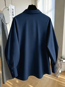 GlowEve CURVE 女款素色休閒寬鬆長袖襯衫，適合日常休閒、通勤與辦公，秋季穿著 - 藏蓝色 - 查看 2