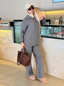 Solavon Casual, mångsidig och stilfull grå långärmad pullovertröja för kvinnor med dragkedja i halsringningen - Mörkgrå - Visa 5