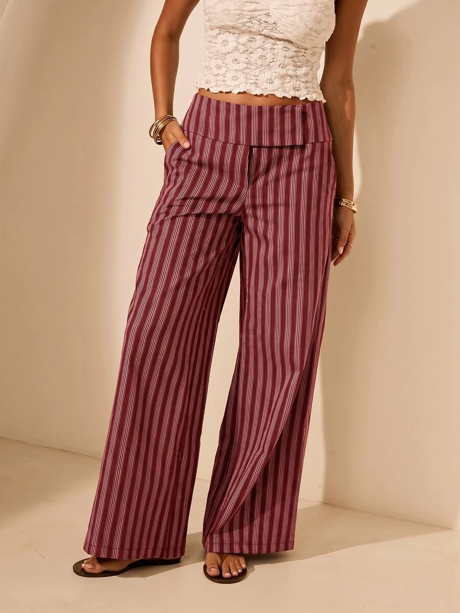 Aralina Striped Low Rise And Wide Leg Wide Wrap Waistband Pants - Burgundy - View 1
